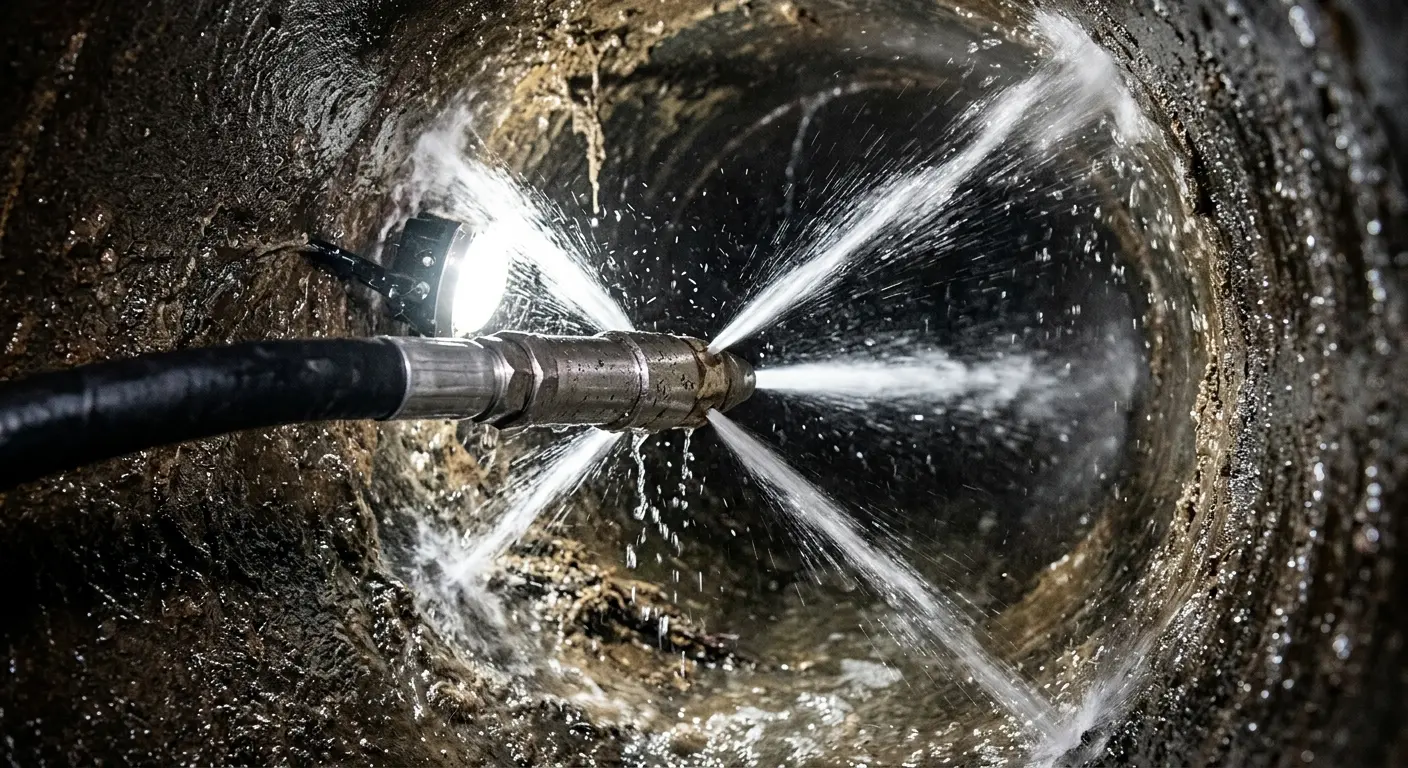 High-pressure hydro jetting nozzle cleaning sewer pipe for Sewer Line Relining in Valley Center