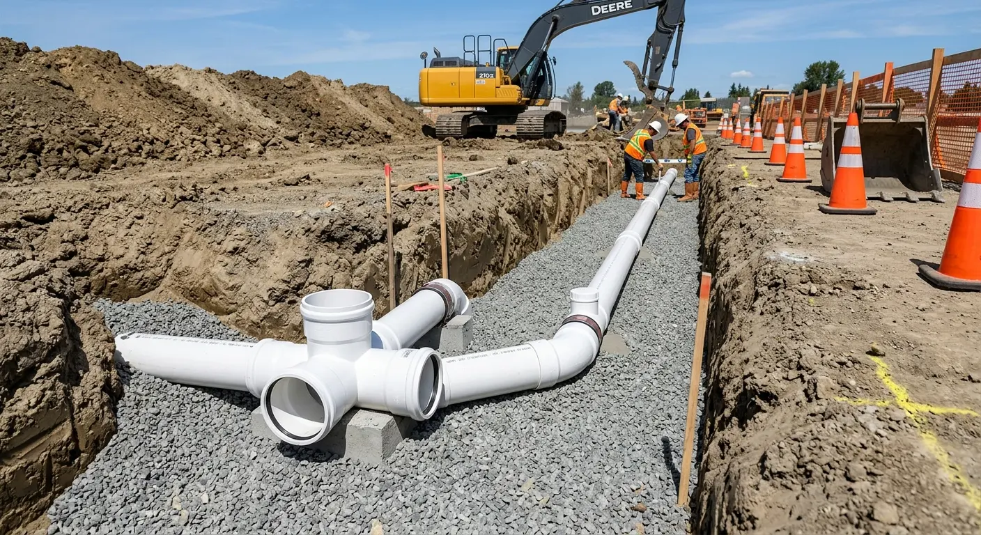 New PVC sewer pipe installation in open trench for Grease Trap Cleaning in Valley Center