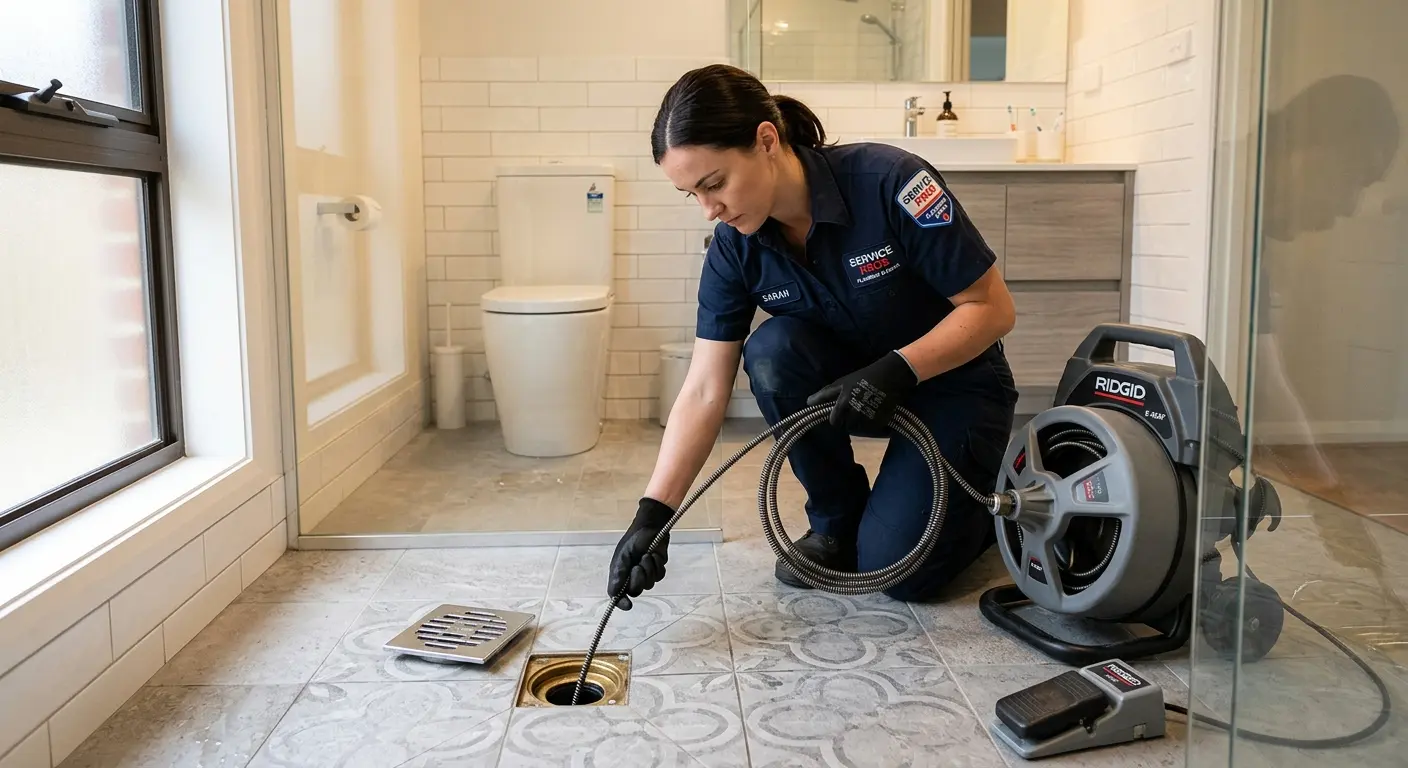Technician clearing a bathroom floor drain for Sewer Line Replacement in Valley Center